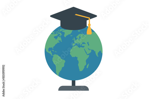 Earth globe wearing a graduation cap and tassel, symbolizing global education