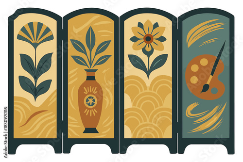 Vintage decorative folding screen with stylized floral patterns and art supplies motifs