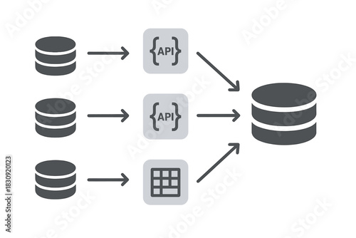 Conceptual data integration flow architecture diagram showing multiple sources connecting to a central database