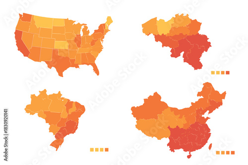 Global set of four detailed choropleth maps showing regional data distribution across major countries
