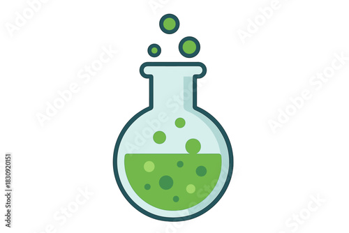 Round bottom flask with bubbling green chemical liquid for science experiments and laboratory research