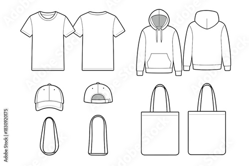 Collection of blank apparel templates including t-shirt, hooded sweatshirt, baseball cap, and tote bag