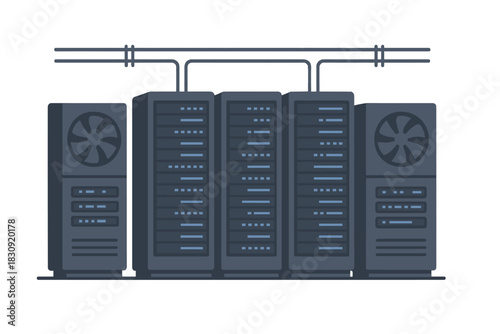 Row of server racks and cooling units connected by network cables in a data center