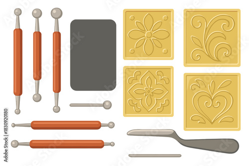 Crafting equipment including ball stylus tools, smoothing spatulas, and decorative pattern molds
