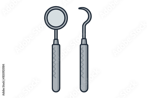 Professional dental examination instruments, including a mouth mirror and a scaler probe