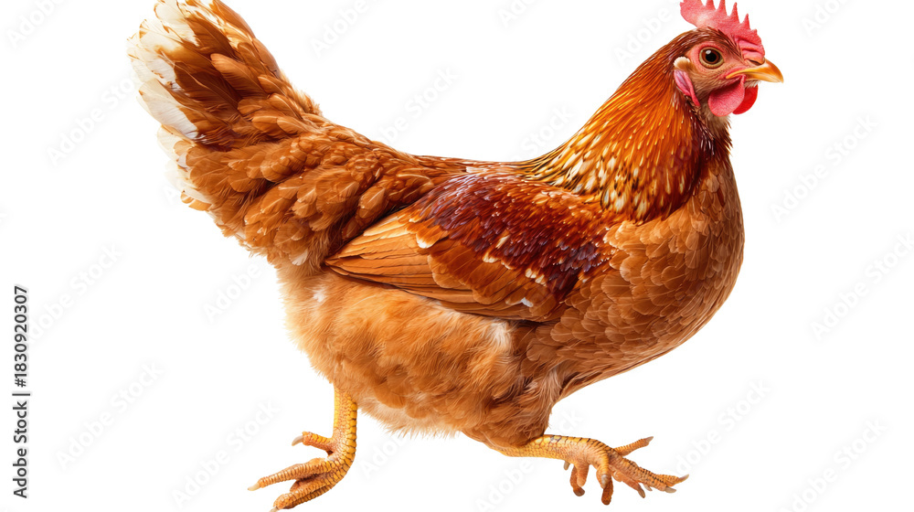 Fototapeta premium Brown Chicken Walking on White Background with Vibrant Feathers
