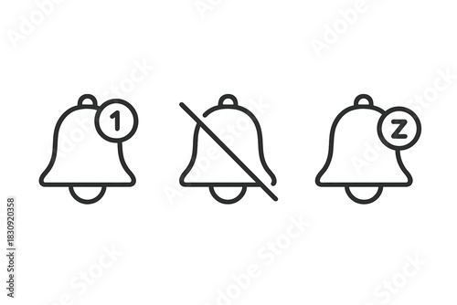 Essential notification bell symbols representing new alert, mute, and snooze functions