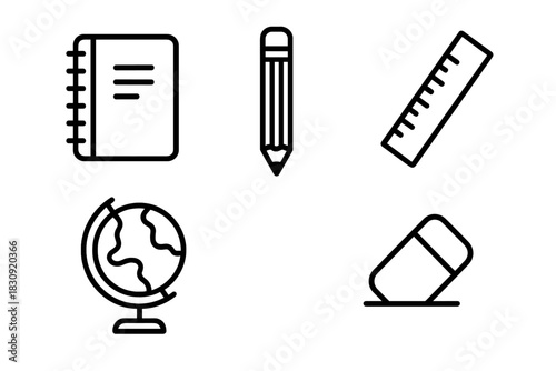 Essential school and education supplies including notebook, pencil, ruler, globe, and eraser