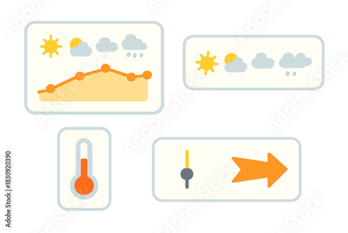 Weather forecast widgets displaying temperature graph, wind speed, and various climate icons