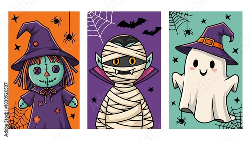 Whimsical Halloween Character Collection Mummy, Witch, and Ghost Icons