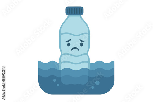 Sad plastic bottle floating in polluted water representing ocean waste crisis