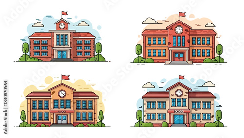 Collection of stylized illustrations depicting school buildings with unique architectural features and vibrant colors, perfect for educational or community projects