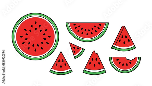 Collection of vibrant red watermelon fruit slices and wedges. A cute and simple flat design vector icon set isolated on a white background for summer