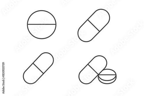 Minimalist black and white line icons of medication forms, tablets, and capsules