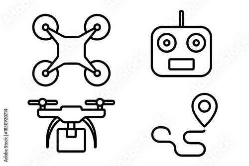 Drone delivery service symbols showing quadcopter remote control and navigation route