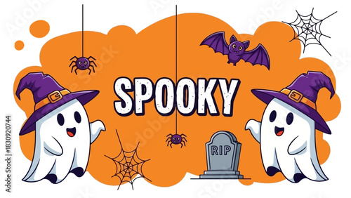 Spooky Halloween Illustration Ghosts, Bats, Spiders, and Gravestone on Orange Background