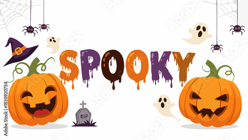 Spooky Halloween Banner with Pumpkins, Ghosts, and Spiders for Festive Decorations