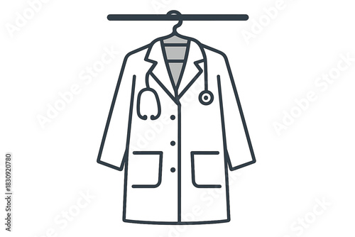 White doctor's lab coat hanging on a clothes hanger with a stethoscope