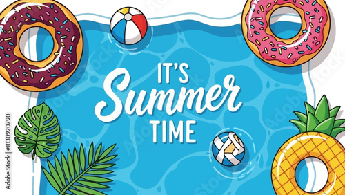 Vibrant summer pool party illustration with colorful donut and pineapple floats, a beach ball, and tropical leaves, symbolizing a refreshing vacation and holiday fun