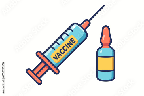 Syringe labeled VACCINE next to a medical ampoule prepared for injection and immunization
