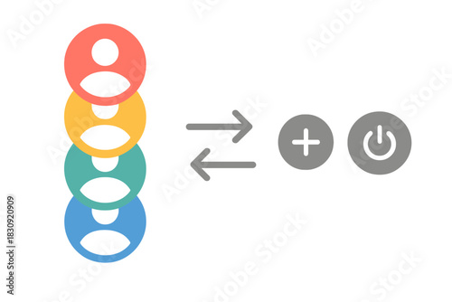 User management system icons with profile avatars, data synchronization arrows, and power buttons