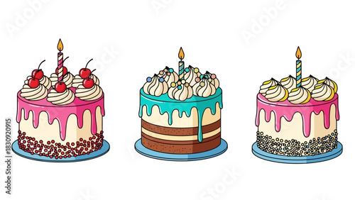 Colorful Birthday Cakes with Candles and Drip Icing Illustration