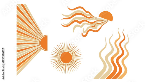 Vibrant collection of abstract sun and wave graphic elements, showcasing dynamic rays, heat patterns, and flowing energy in a warm, modern aesthetic