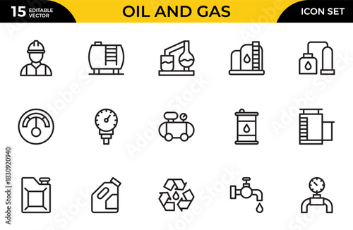 Oil and Gas line icon set. Containing fuel, refinery, petroleum, oil well, gas pump, offshore platform, lubricant, oil barrels. Thin outline icons pack. Vector illustration