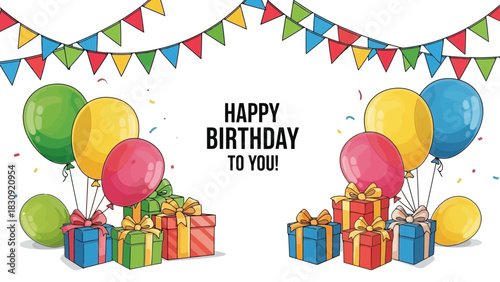 Happy Birthday Celebration with Balloons, Gifts, and Festive Bunting