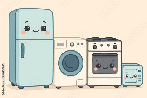 Adorable personified household appliances: refrigerator, washing machine, stove, and microwave oven