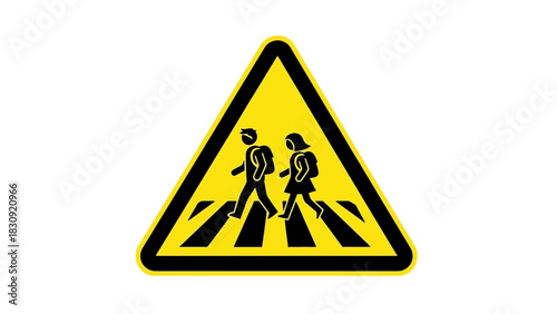 Yellow triangular warning road sign for a school crossing zone featuring silhouettes of children on a crosswalk, isolated on a white background