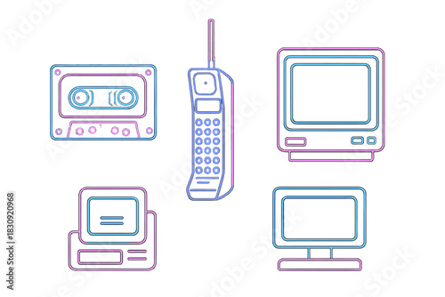 Retro technology devices: cassette tape, brick phone, and vintage computer monitors in neon outline