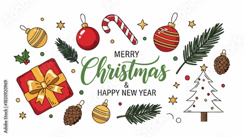 Festive Christmas and Happy New Year illustration with traditional holiday symbols and decorations