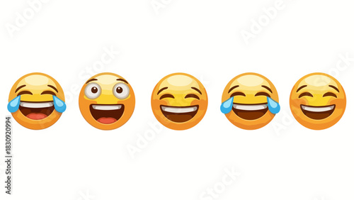 Set of various laughing emoticons with tears of joy, wide smiles, and happy expressions used for digital communication and social media