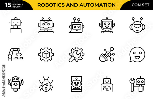 Robotics and Automation line icon set. Vector illustration with thin line editable stroke containing data science, algorithm, chatbot, automation. Thin outline icons pack. Vector illustration