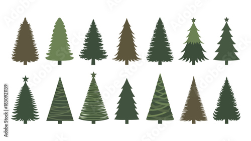 A Variety of Christmas Tree Illustrations with Different Styles and Shades of Green