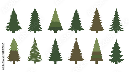 A Collection of Various Stylized Christmas Tree Illustrations for Festive Designs