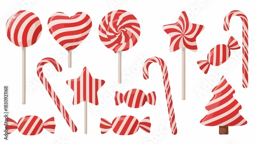 A festive collection of various red and white striped candies, including lollipops and candy canes, isolated on a white background