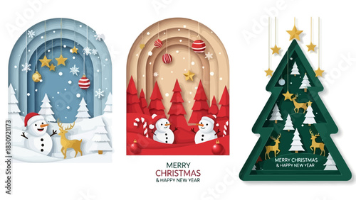 Christmas Holiday Season Festive Layered Paper Art Designs with Snowman, Trees, and Stars
