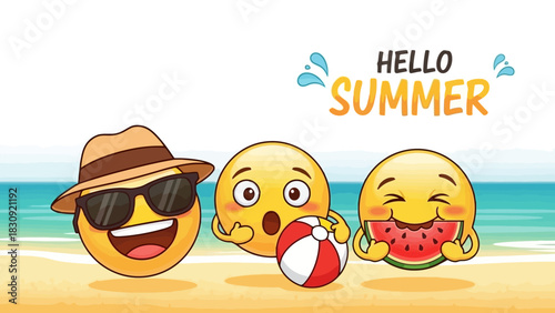 Hello Summer! Emojis Enjoying Beach Fun A Sunny Day with Sunglasses, Watermelon & Ball