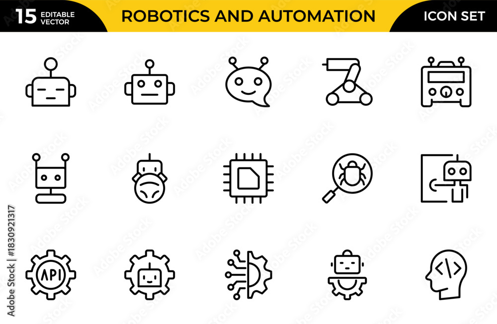 Fototapeta premium Robotics and Automation line icon set. Vector illustration with thin line editable stroke containing data science, algorithm, chatbot, automation. Thin outline icons pack. Vector illustration
