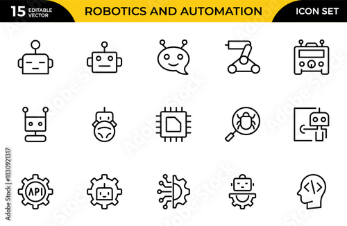 Robotics and Automation line icon set. Vector illustration with thin line editable stroke containing data science, algorithm, chatbot, automation. Thin outline icons pack. Vector illustration