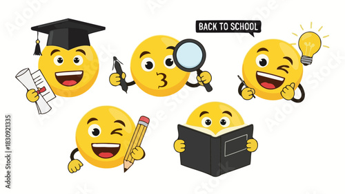 Vector illustration collection of educational emoticons showing learning, ideas, and back to school themes