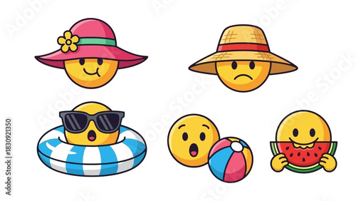 Set of Smiling Emoji Characters in Summer Outfits and Accessories Representing Fun and Happiness