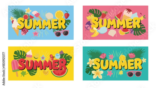 A vibrant collection of four summer-themed banners featuring colorful typography, tropical fruits, ice cream, and sunglasses