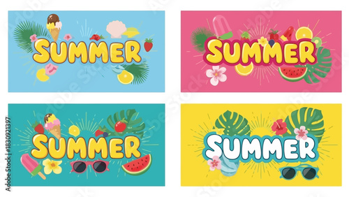 Vibrant Summer Themed Banners Collection with Tropical Elements, Fruits, and Ice Cream for Vacation Promotion and Seasonal Greetings