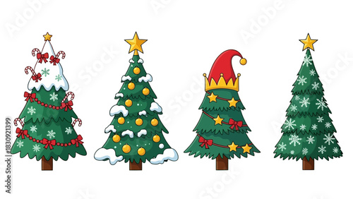 Collection of festive cartoon Christmas trees adorned with various decorations like snow, stars, ornaments, and bows, perfect for holiday season designs