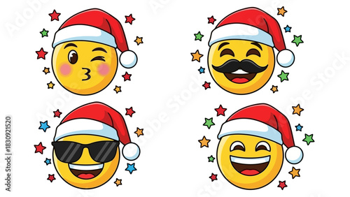 Festive Emoji Collection Featuring Santa Hats and Sparkling Stars for Holiday Cheer
