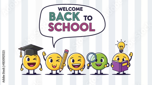 A cheerful collection of cartoon emoji students with school supplies like a graduation cap, pencil, and book. Back to school concept vector illustration