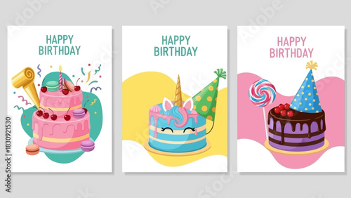 Vibrant collection of three cartoon-style birthday cake illustrations, perfect for celebrating special occasions, parties, and festive greeting card designs